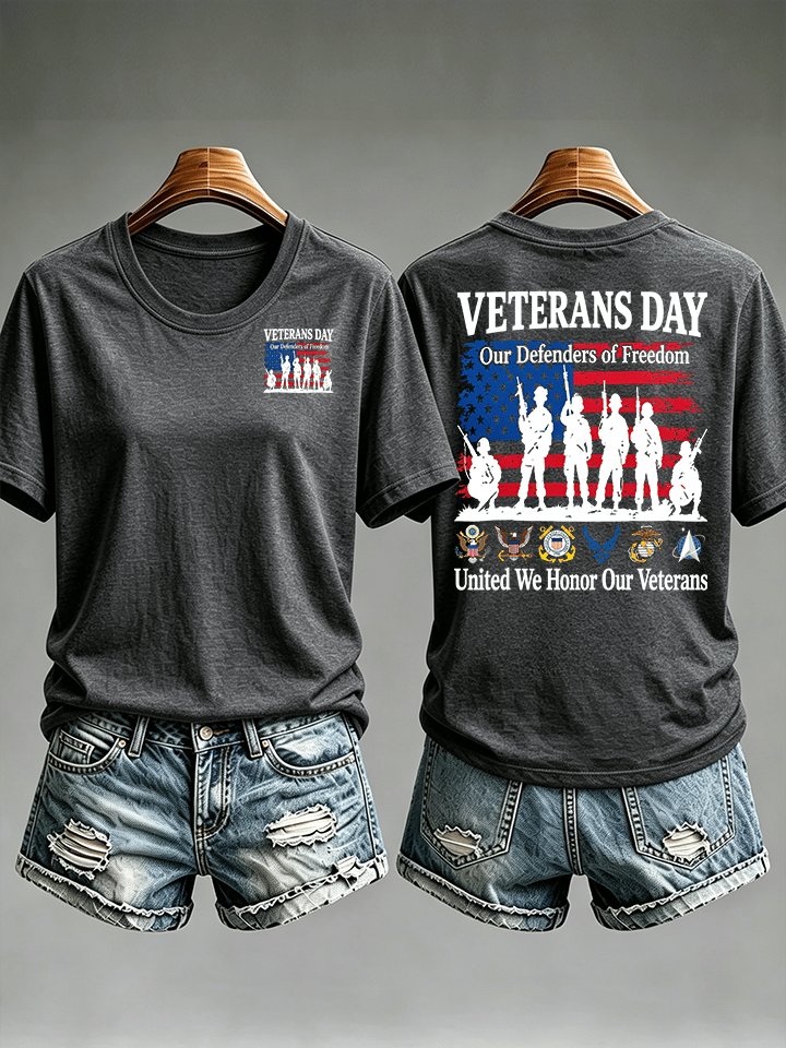Women's Veterans Day Shirt, Our Defenders of Freedom American Flag and Soldier Silhouettes