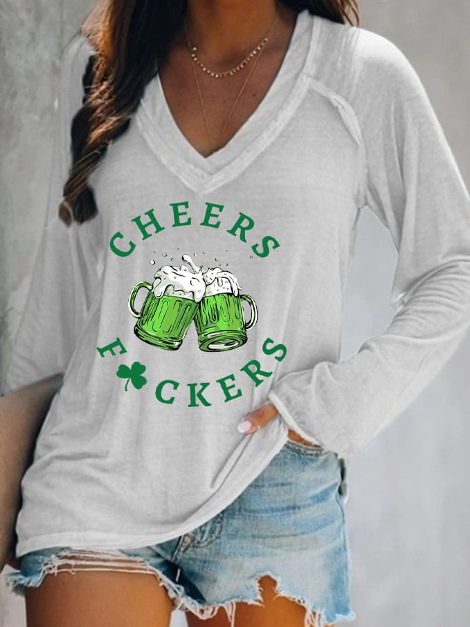 Women's St. Patrick's Day Cheers F*uckers Clover Long-Sleeve T-Shirt