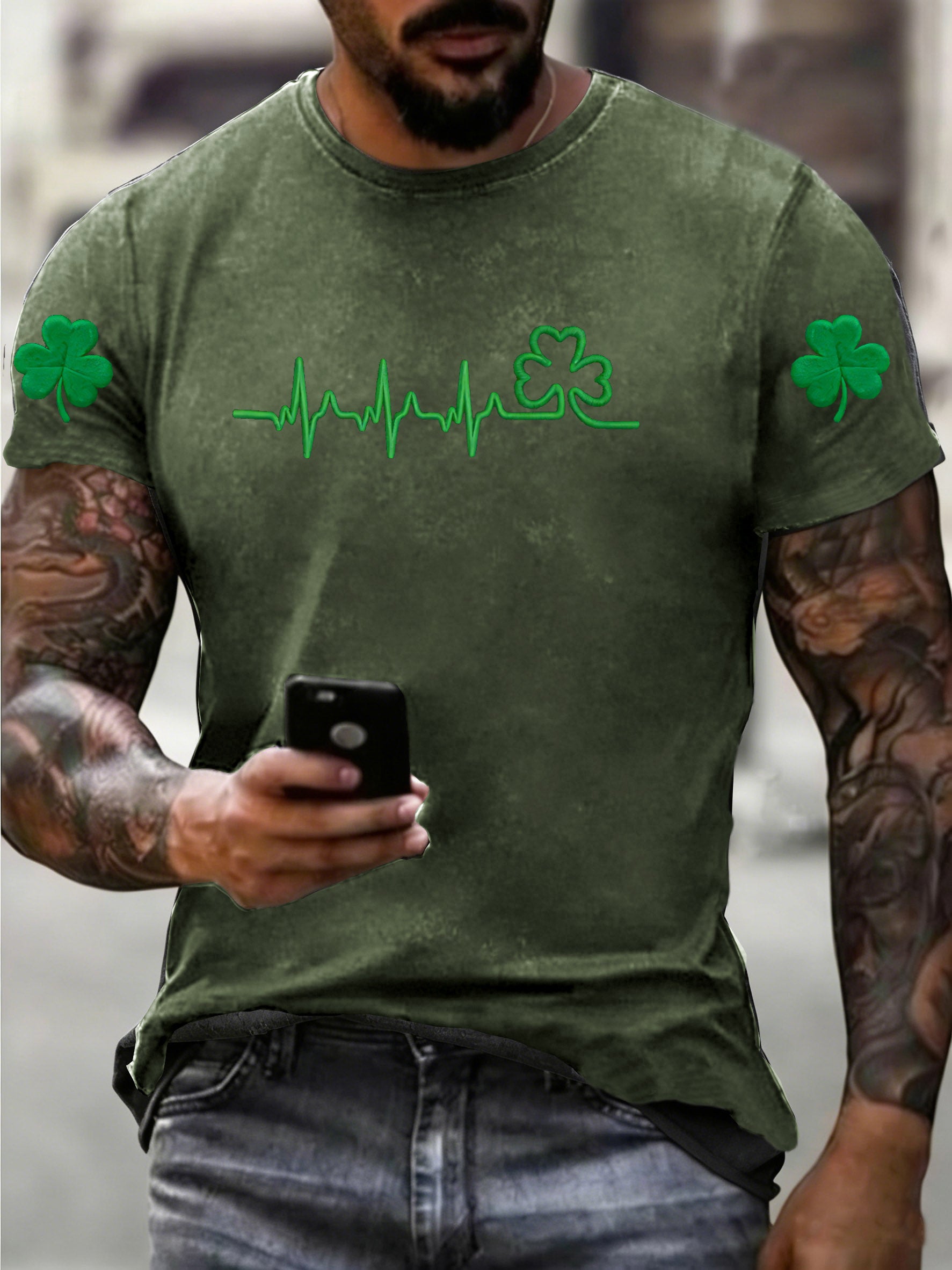 Women's St. Patrick's Day Pattern Washed Distressed Crew Neck 100% Cototon T-Shirt