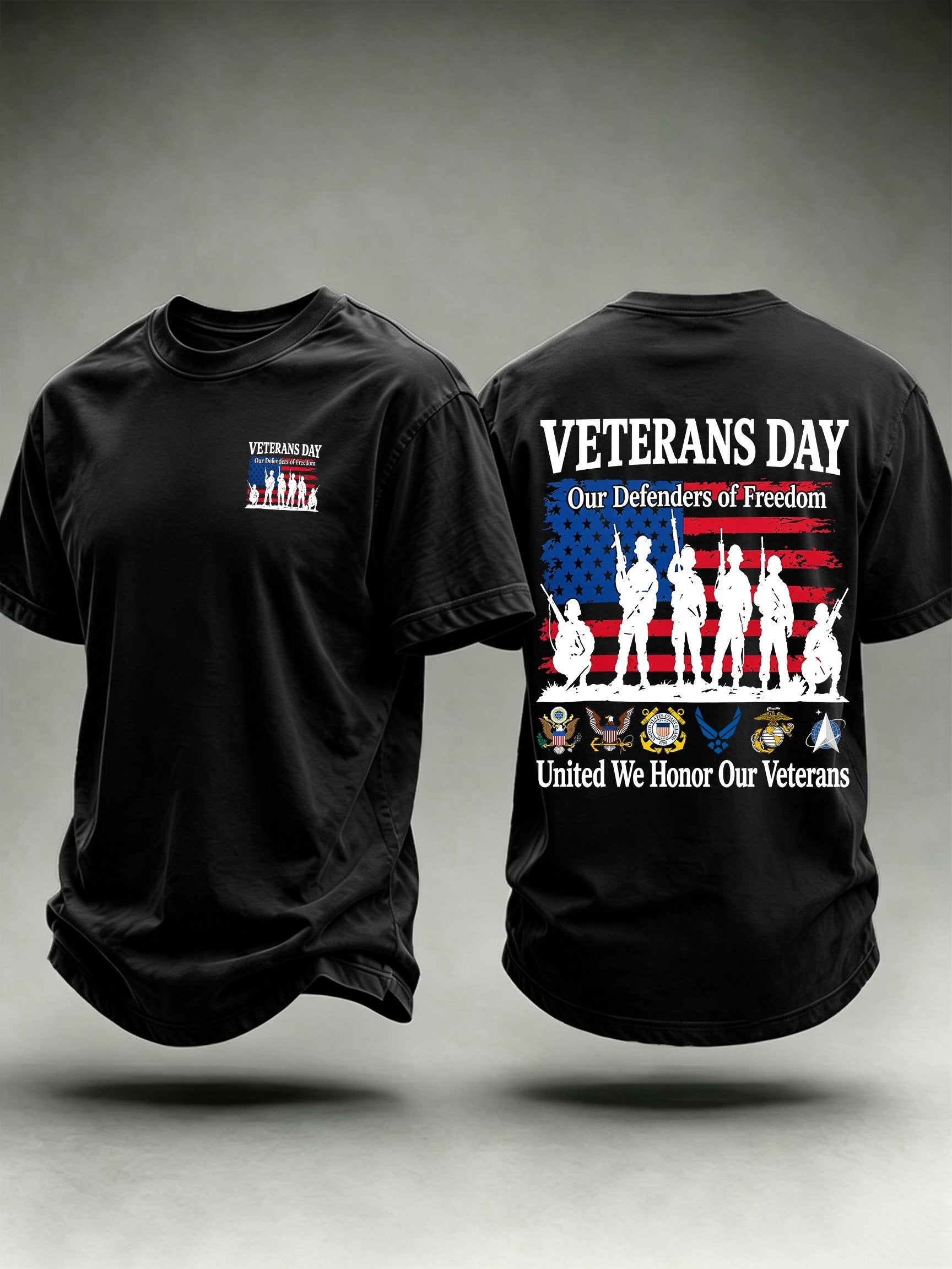Men's Veterans Day Shirt, Our Defenders of Freedom American Flag and Soldier Silhouettes