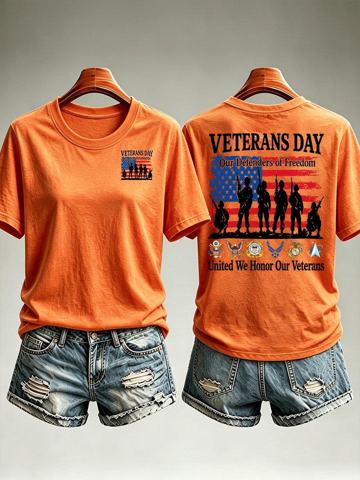 Women's Veterans Day Shirt, Our Defenders of Freedom American Flag and Soldier Silhouettes