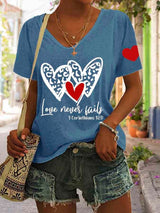 Women's Love Never Fails Heart Print V Neck Casual T-Shirt