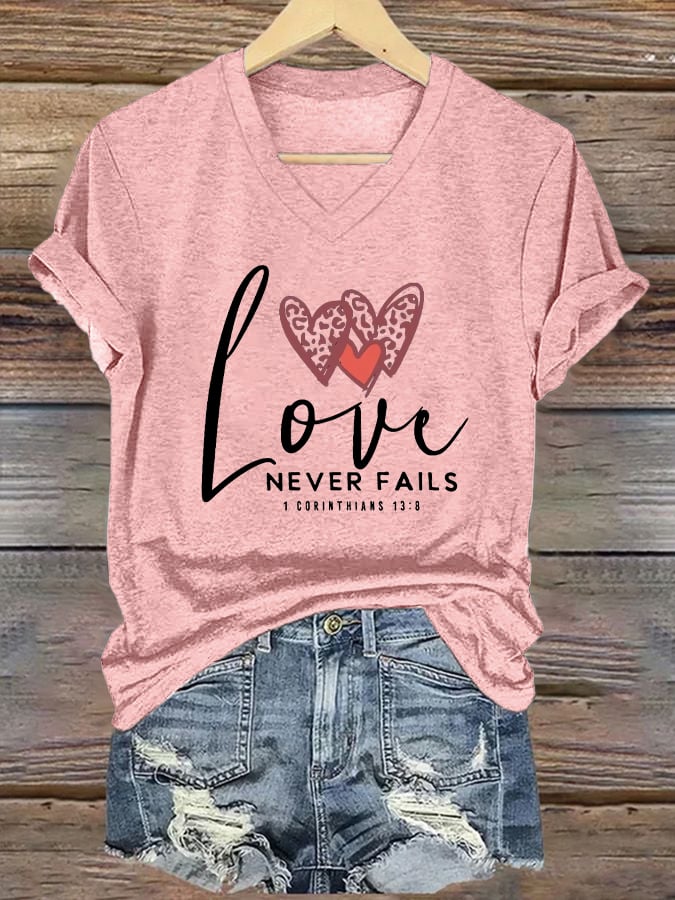 Women's Love Never Fails Printed Casual V-Neck T-Shirt