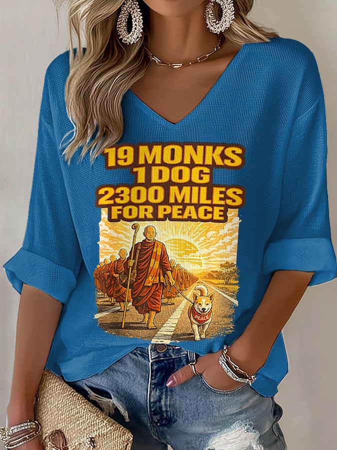 V-Neck Retro Walk For Peace 19 Monks 1 Dog 2300 Miles For Peace Print T-Shirt