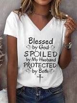 Women's Blessed by God Spoiled by my Husband Protected by Both Print T-Shirt