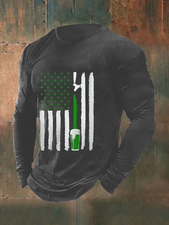 Men's Funny Green Beer Flag St. Patrick's Day Print Casual Long-Sleeve T-Shirt