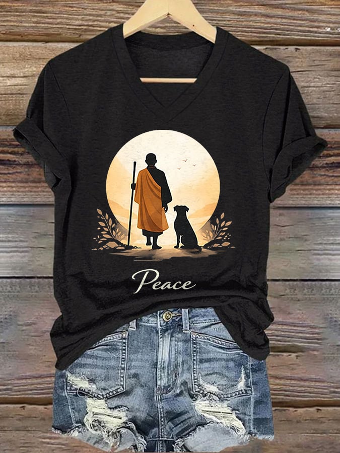 V-Neck Retro Walk For Peace Monks With Aloka Dog Print T-Shirt