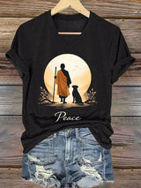 V-Neck Retro Walk For Peace Monks With Aloka Dog Print T-Shirt