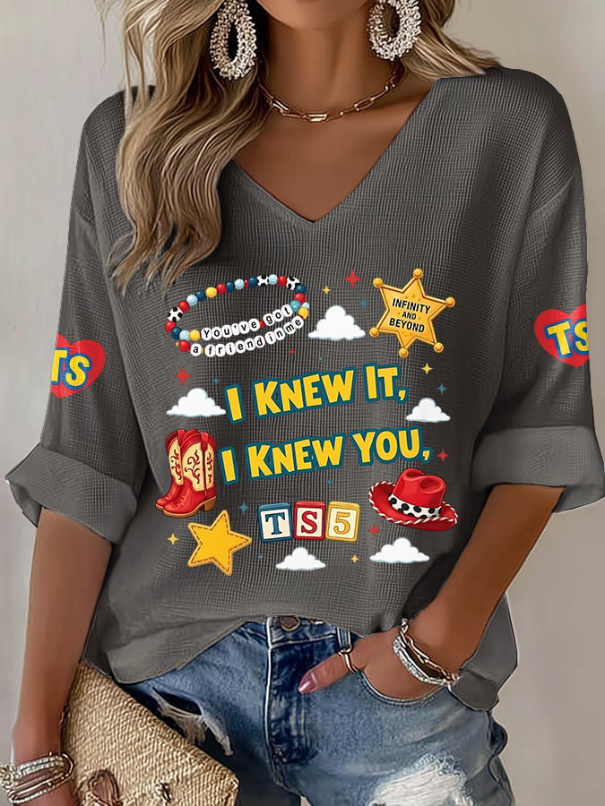 V-Neck Retro I Knew It Print T-Shirt