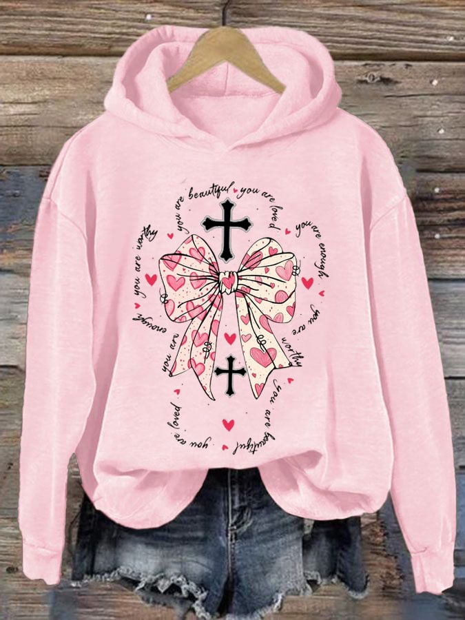 Women's You Are Enough,Loved,Worthy,Valentines Day Christian Print Hooded Sweatshirt