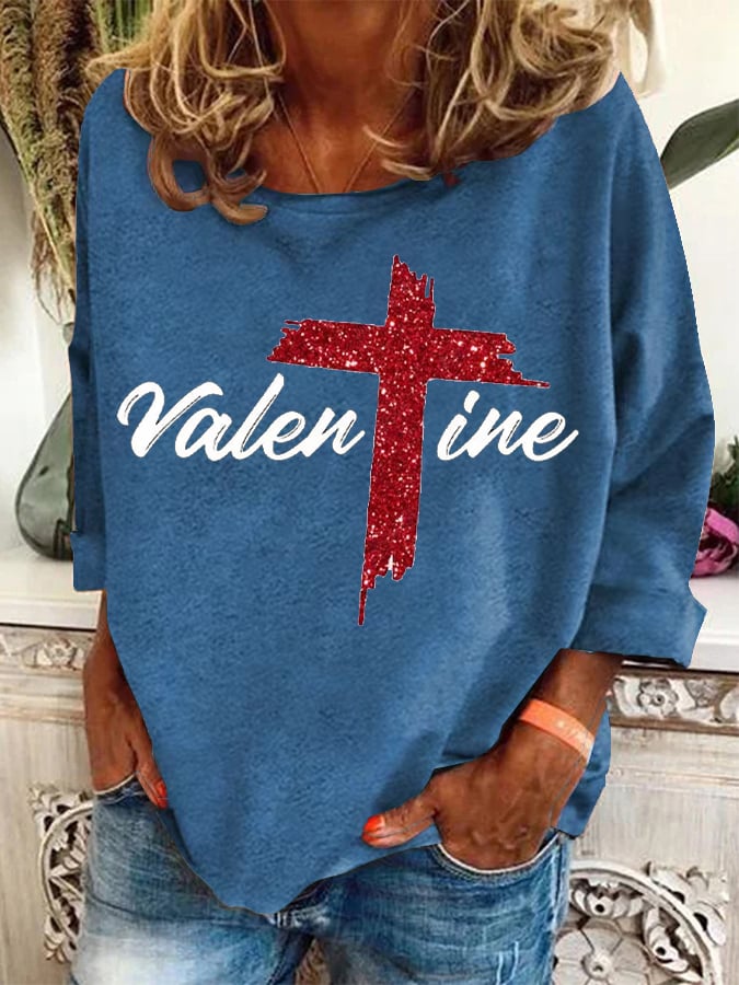 Women's Christian Valentine's Day Cross Printed Sweatshirt