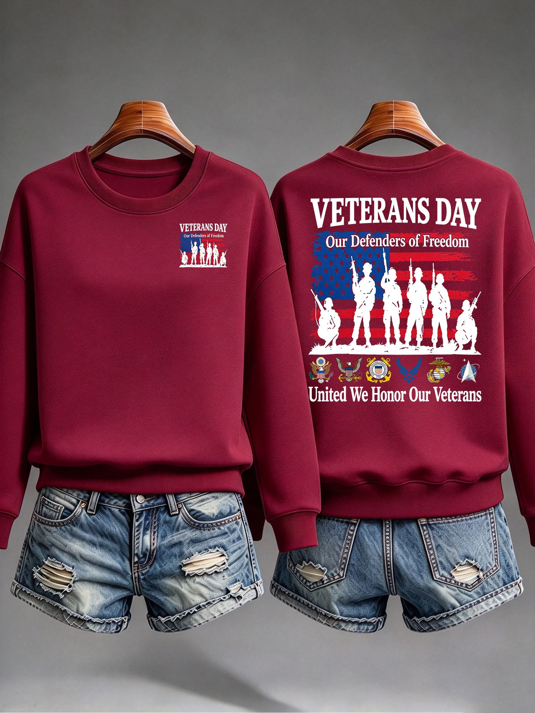 Women's Veterans Day Sweatshirt, Our Defenders of Freedom American Flag and Soldier Silhouettes