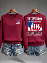 Women's Veterans Day Sweatshirt, Our Defenders of Freedom American Flag and Soldier Silhouettes