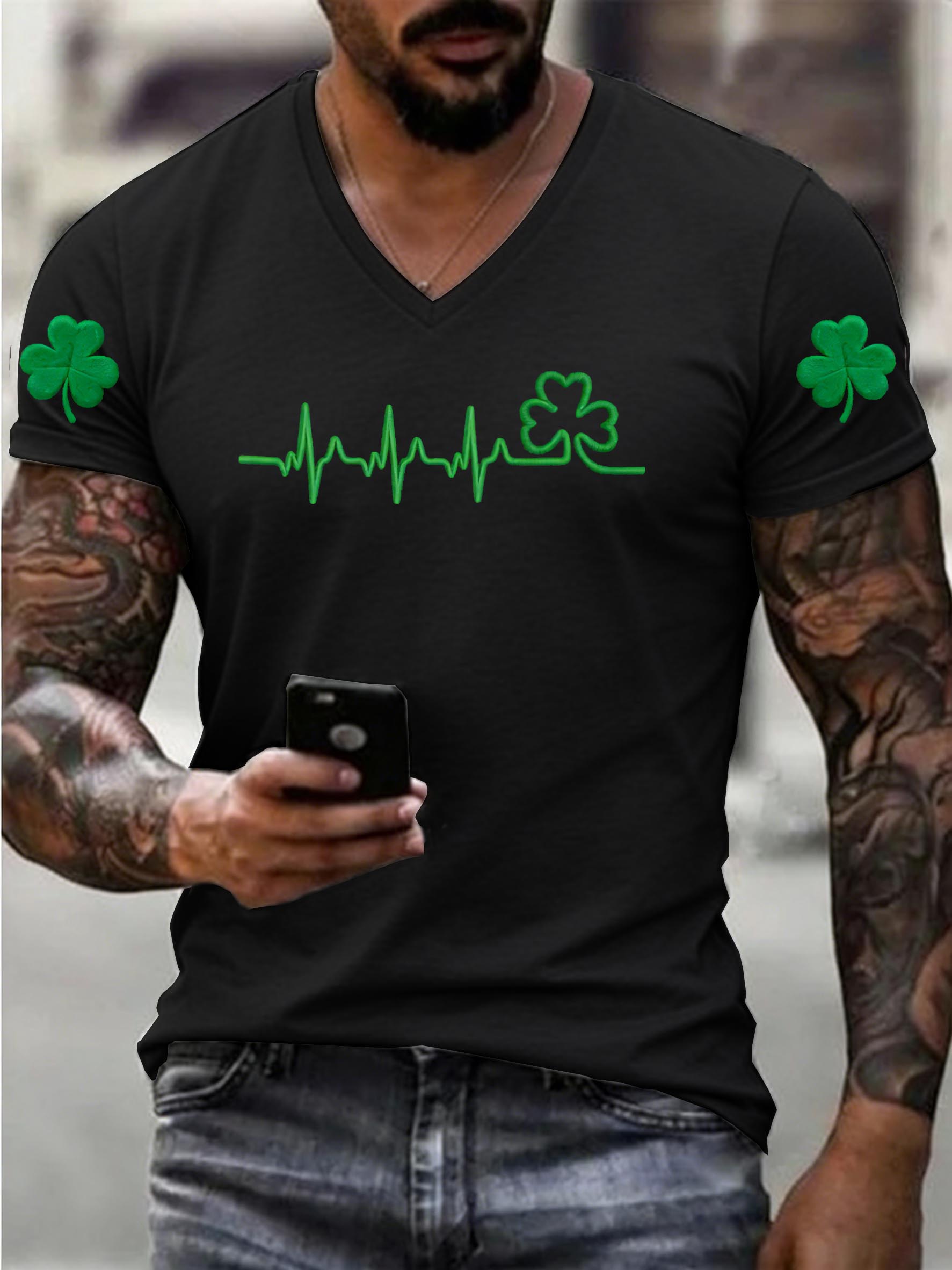 Women's St. Patrick's Day Pattern Print 100%Cotton V Neck T-Shirt