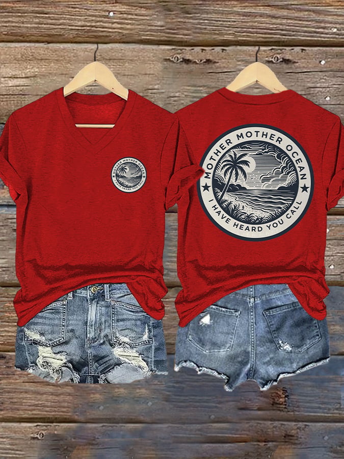V Neck Retro Mother, Mother Ocean, I Have Heard You Call Print T-Shirt