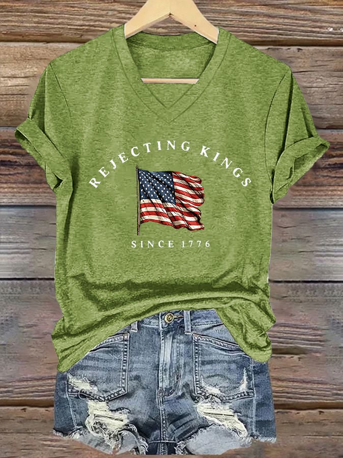 🔥Buy 3 Get 15% Off🔥V-Neck Retro Rejecting Kings Since 1776 Print T-Shirt