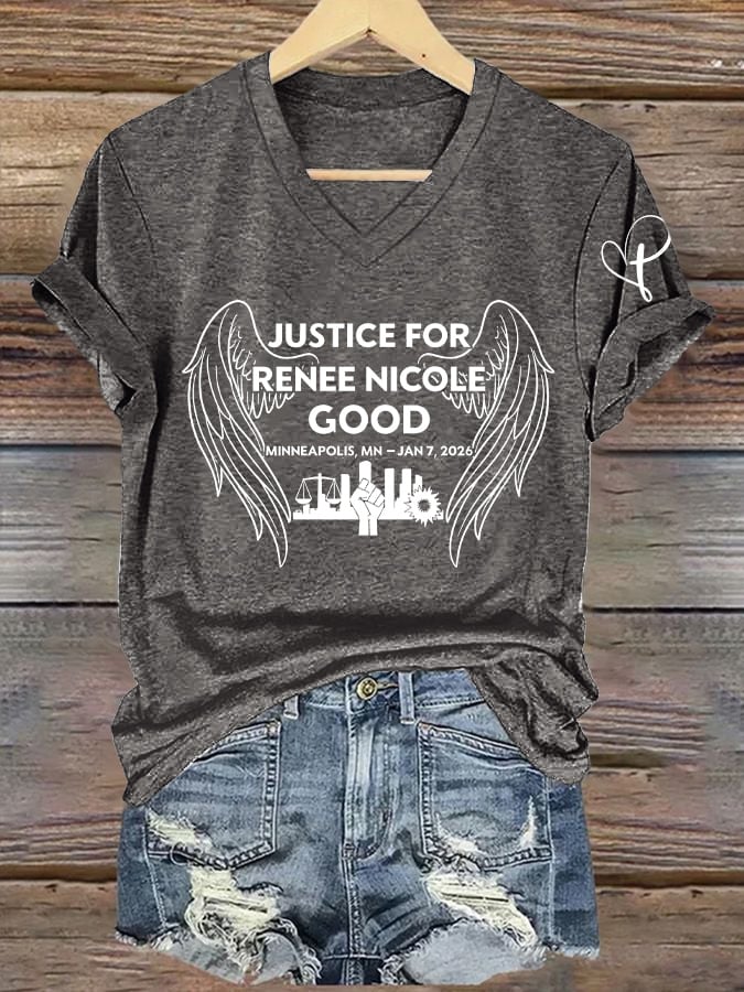 V-Neck Retro Wings Justice For Renee Nicole Good Print T-Shirt