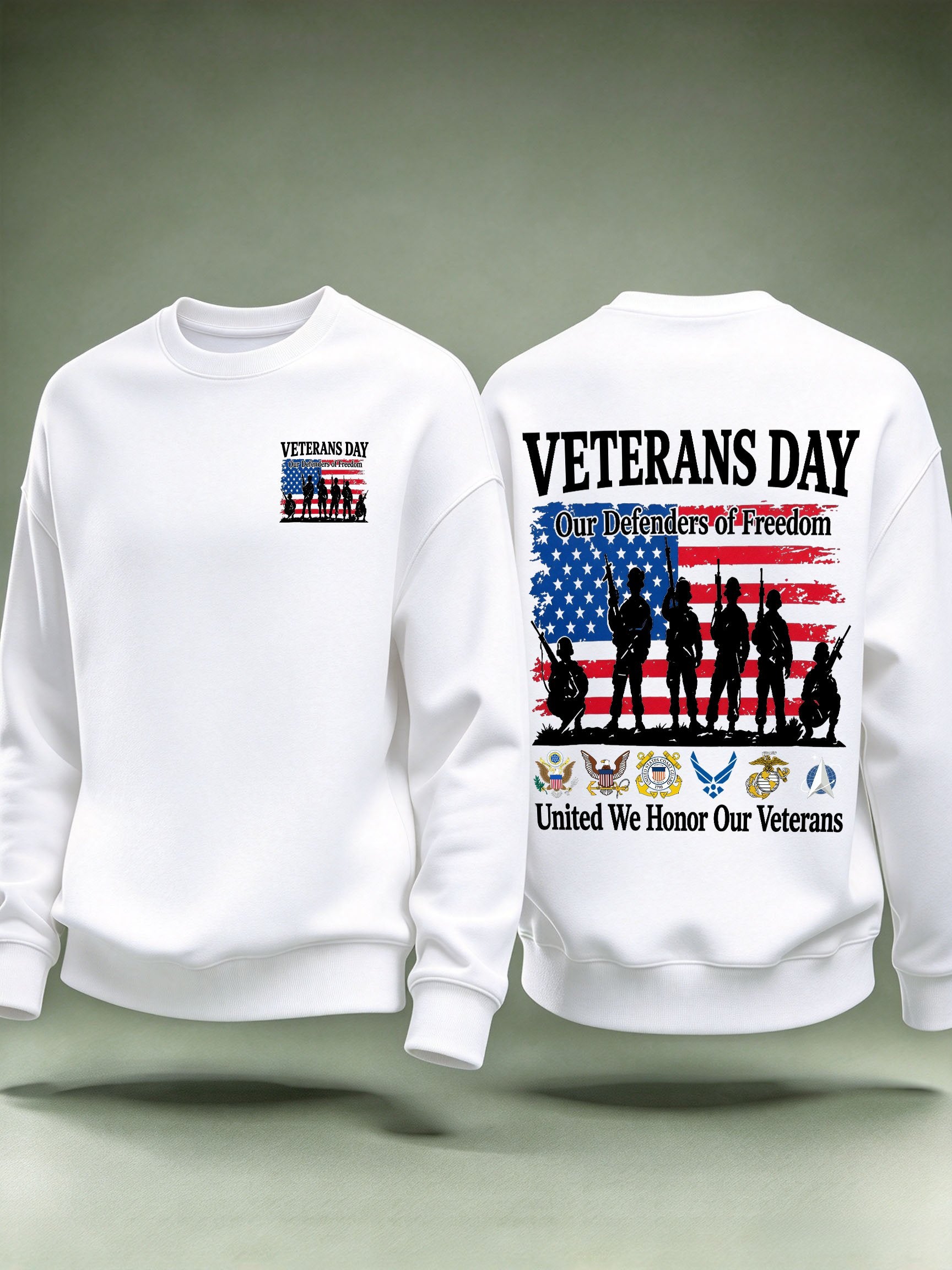 Men's Veterans Day Sweatshirt, Our Defenders of Freedom American Flag and Soldier Silhouettes