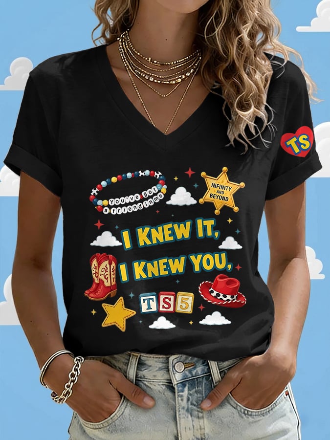 V-Neck Retro I Knew It Print T-Shirt