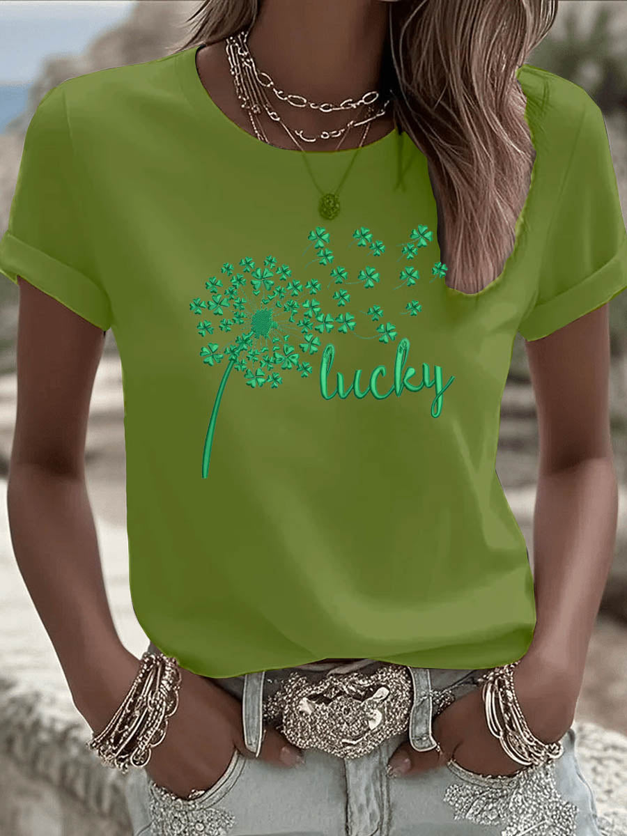 St. Patrick'S Day Lucky Dandelion Pattern Round-Neck 100% Cotton 180g T-Shirt