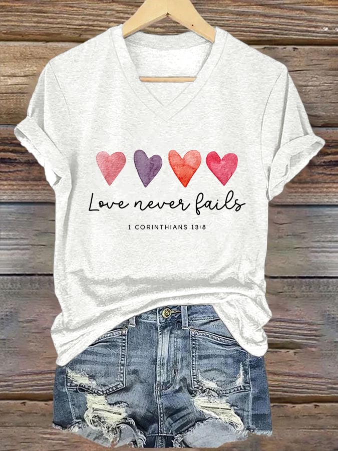 Women's Love Never Fails Printed Casual V-Neck T-Shirt