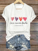 Women's Love Never Fails Printed Casual V-Neck T-Shirt