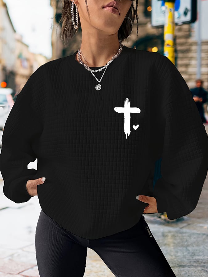 Women's Valentine's Day Heart Cross Waffle Sweatshirt