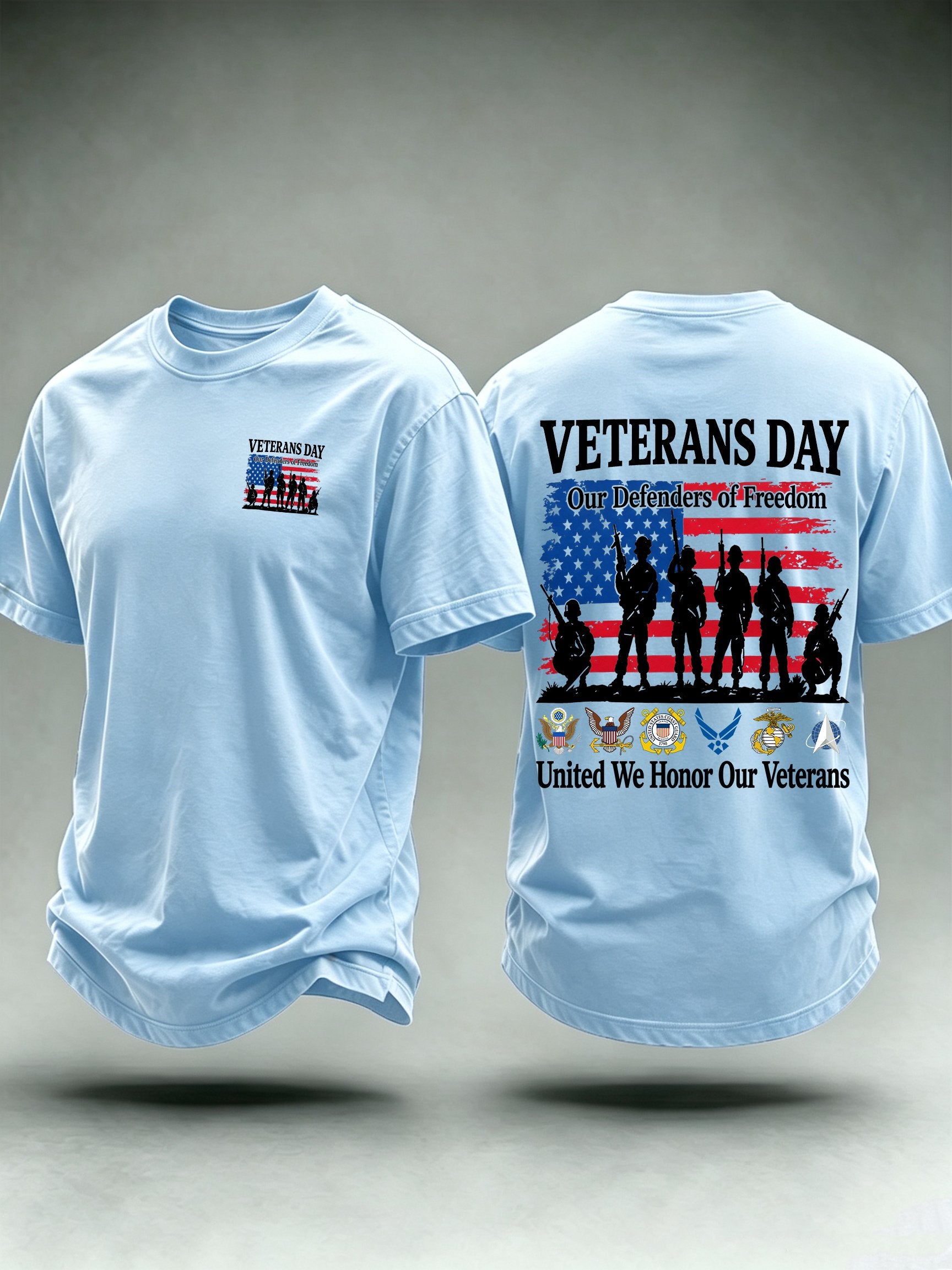 Men's Veterans Day Shirt, Our Defenders of Freedom American Flag and Soldier Silhouettes