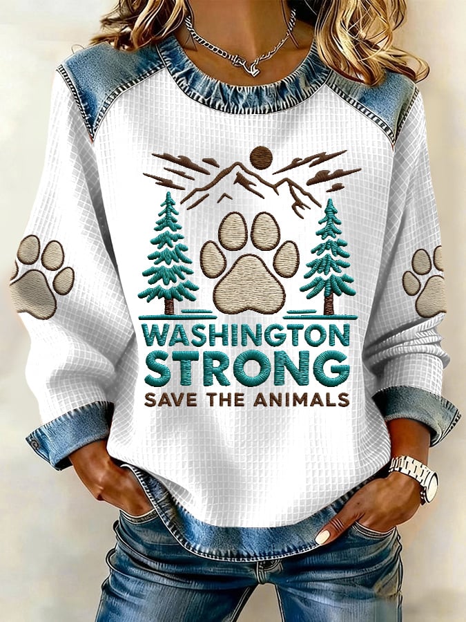 Retro Washington Strong Save The Animals Print Sweatshirt