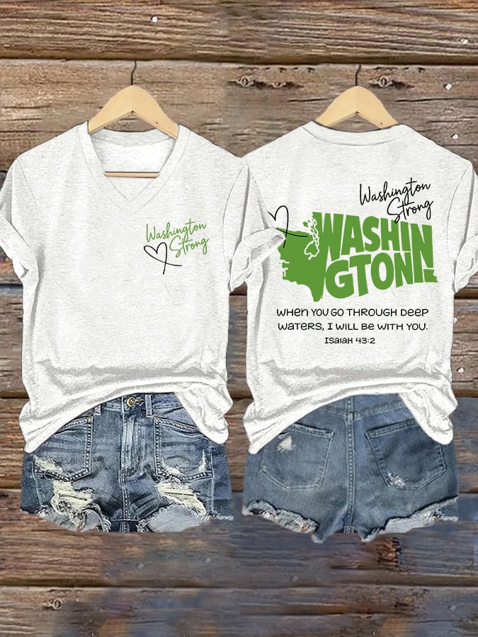 V-Neck Retro Washington Strong When You Go Through Deep Waters, I Will Be With You Isaiah 43:2 Print T-Shirt