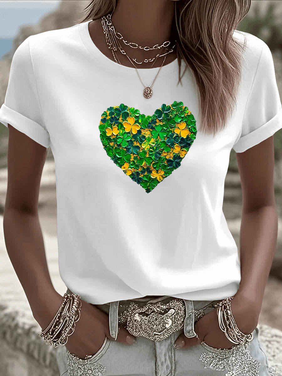 St. Patrick'S Day Heart Pattern Round-Neck 100% Cotton 180g T-Shirt