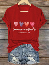 Women's Love Never Fails Printed Casual V-Neck T-Shirt