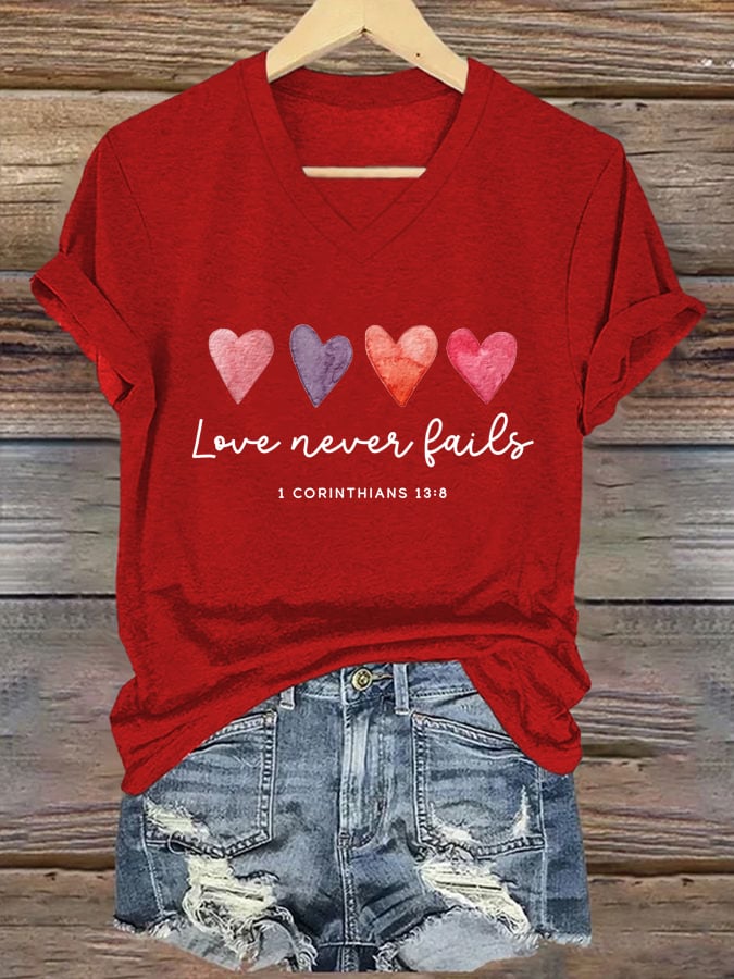 Women's Love Never Fails Printed Casual V-Neck T-Shirt