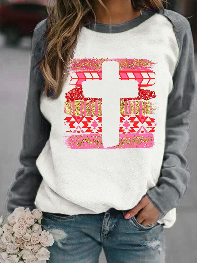 Women's Valentine's Day Cross Print Casual Long Sleeve Hoodie