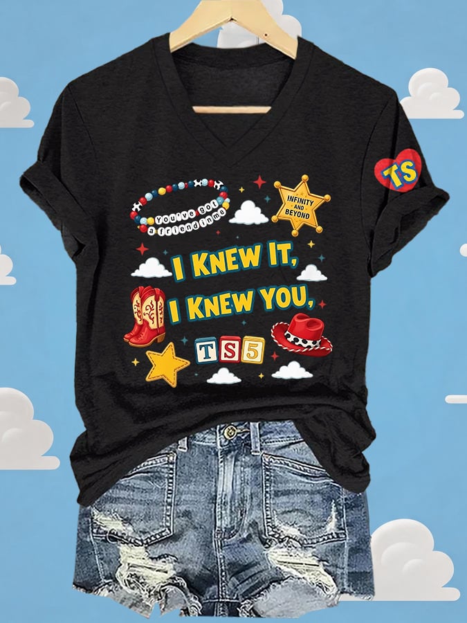 V-Neck Retro I Knew It Print T-Shirt