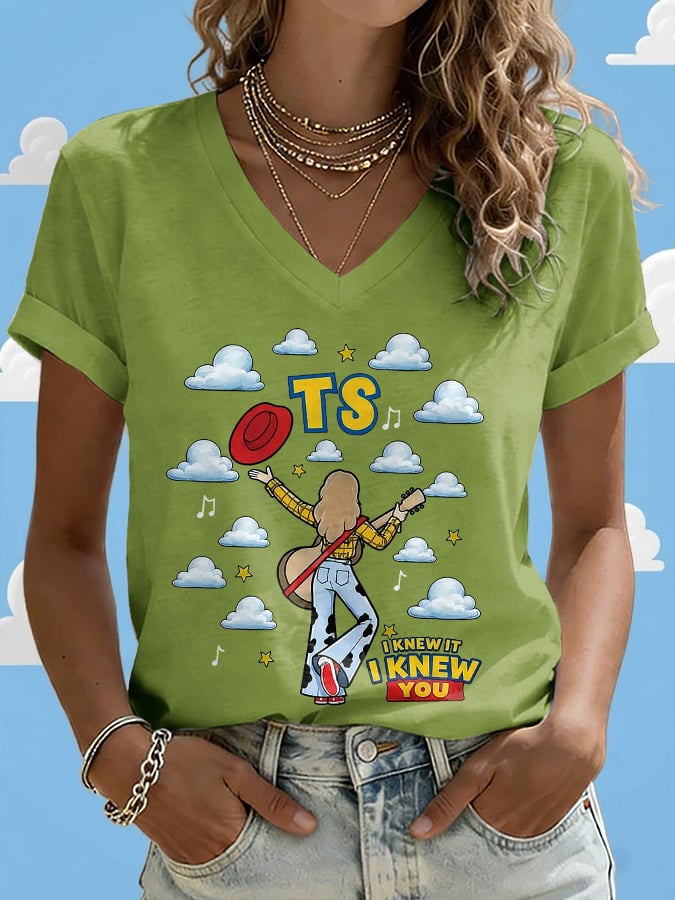 V-Neck Retro I Knew It Print T-Shirt