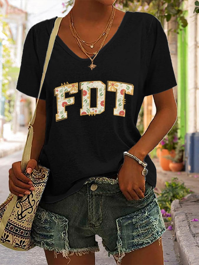 V-neck Retro FDT Flowers 86 47 Print T-Shirt