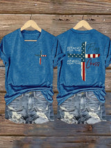 Women's Stand For The Flag Kneel For The Cross Printed Casual T-Shirt