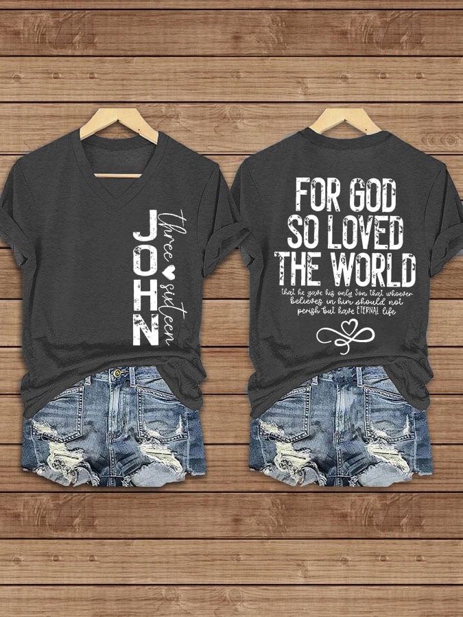 Women's For God So Loved The World John 3:16 Printed V-Neck T-Shirt