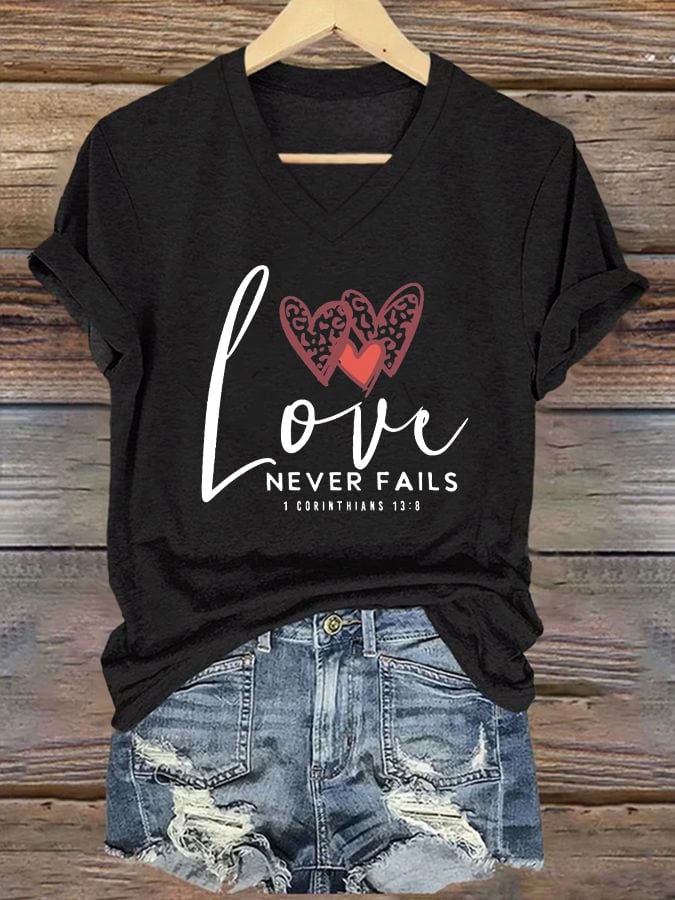 Women's Love Never Fails Printed Casual V-Neck T-Shirt