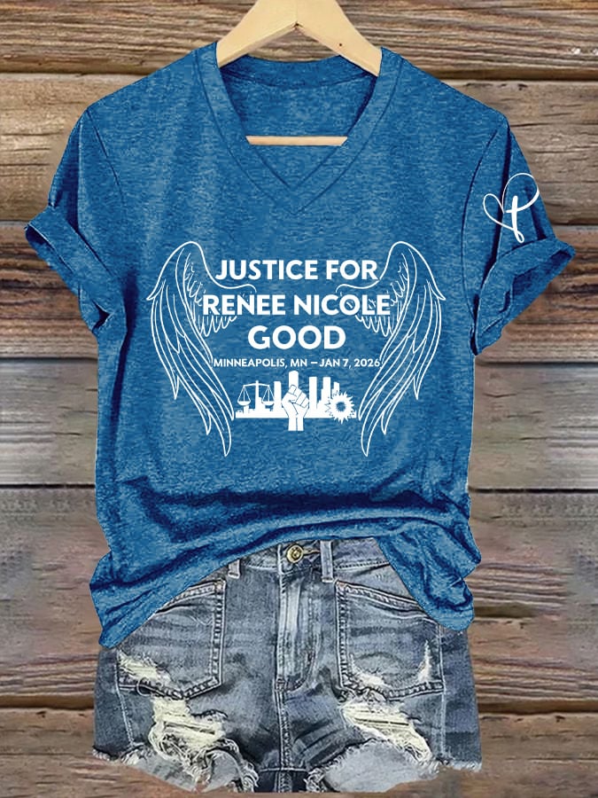 V-Neck Retro Wings Justice For Renee Nicole Good Print T-Shirt