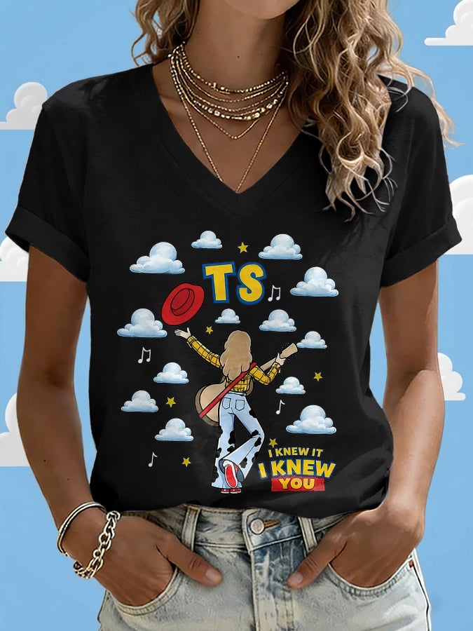 V-Neck Retro I Knew It Print T-Shirt