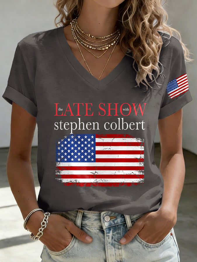 V-Neck Retro Last Show Print T-Shirt