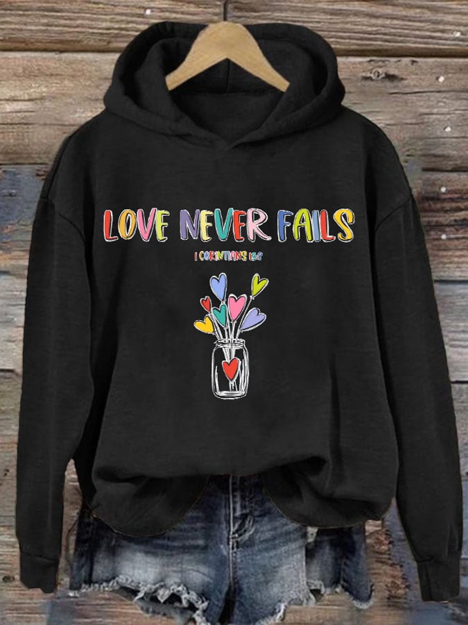 Women's Love Never Fails Heart Print Casual Sweatshirt