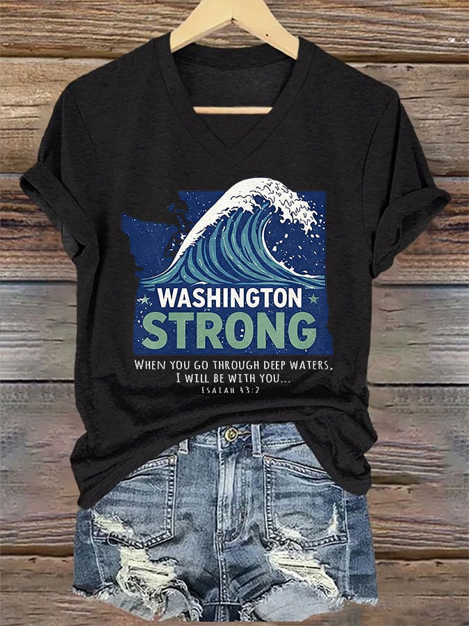 V-Neck Retro Washington Strong When You Go Through Deep Waters, I Will Be With You Isaiah 43:2 Print T-Shirt