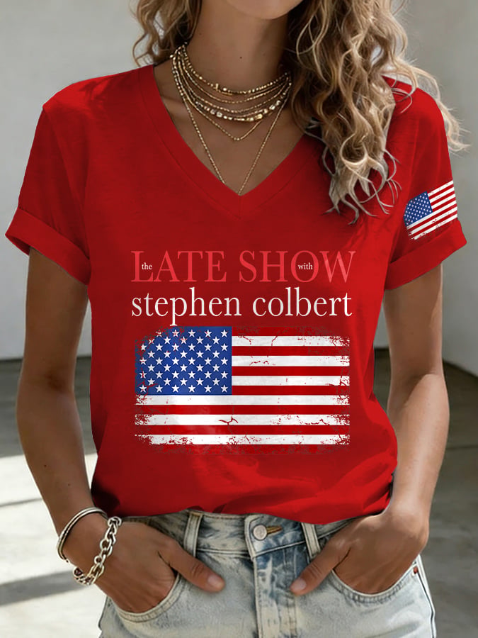 V-Neck Retro Last Show Print T-Shirt