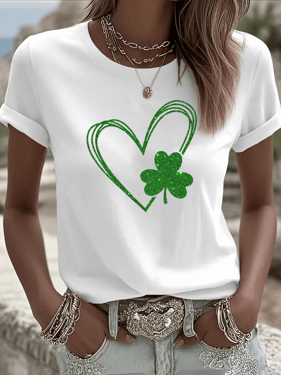 St. Patrick'S Day Heart Pattern Round-Neck 100% Cotton 180g T-Shirt