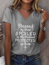 Women's Blessed by God Spoiled by my Husband Protected by Both Print T-Shirt