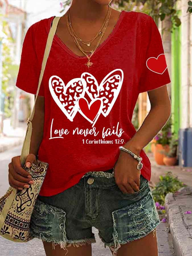 Women's Love Never Fails Heart Print V Neck Casual T-Shirt