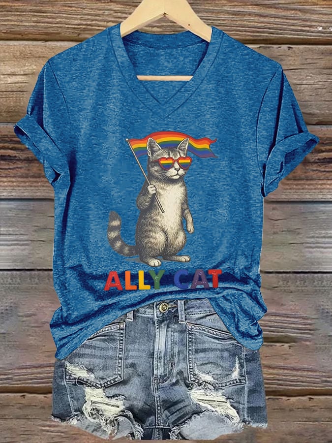 Women's Ally Cat Print V Neck T-Shirt